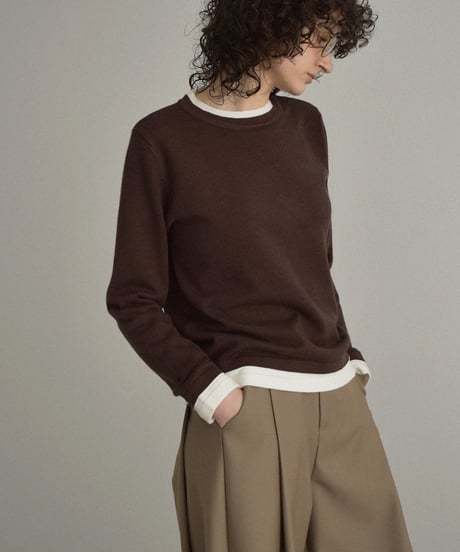 knit-02369　クルーネック レイヤード調 ニット トップス　ベージュ　ブラウン　グレー　ブラック