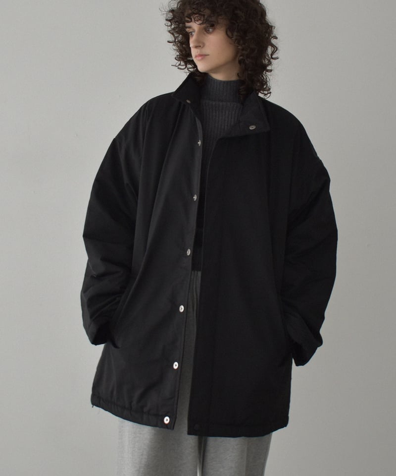 outer-02095 スタンドカラー 中綿 ミディ コート エクリュ ブラック