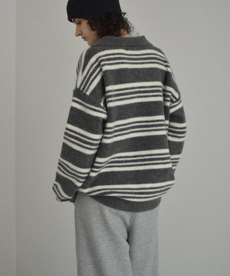 knit-02368　ポロカラー ボーダー ニット　グレー　ブラウン