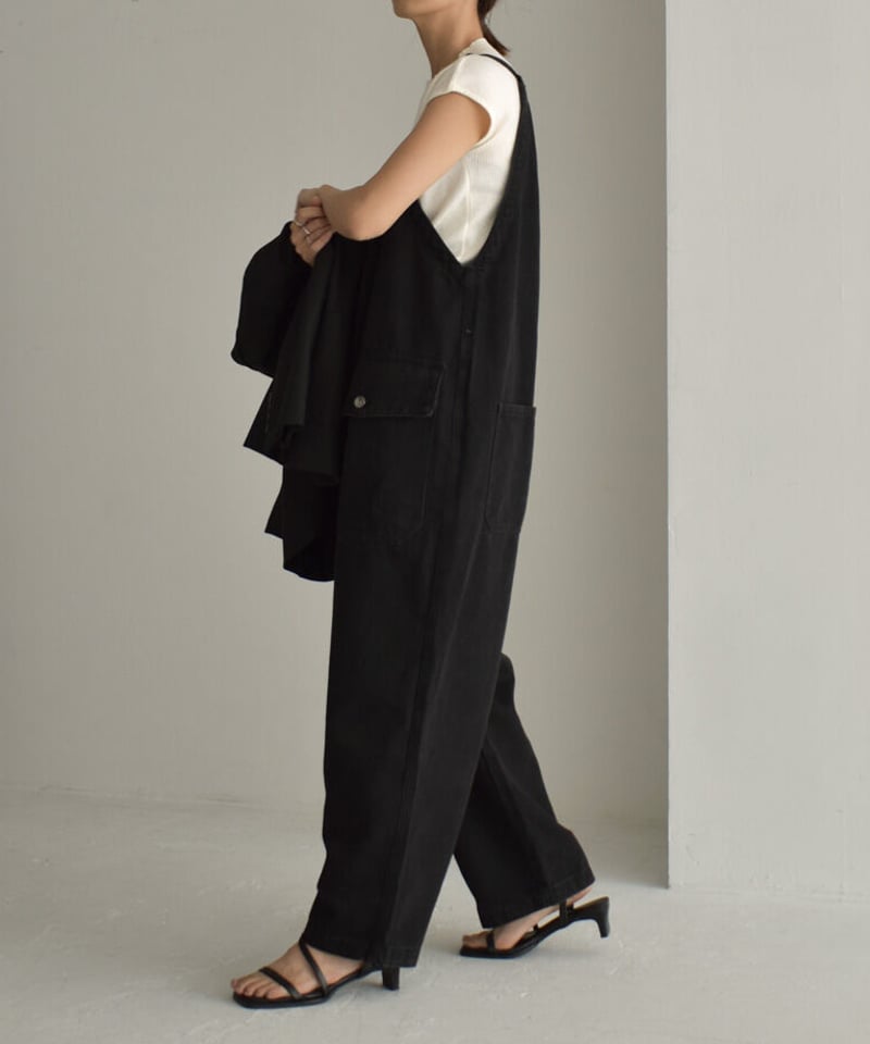 新品 CURRENTAGE フロントジップ デニム サロペット ブラック onepiece-02070 フロントジップ サロペットデニム ブラック | L