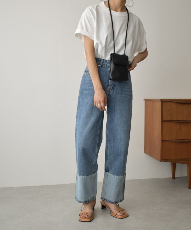 bottoms-02164 ロールアップデザインデニム ウォッシュブルー bottoms-02164 ロールアップデザインデニム ウォッシュブルー