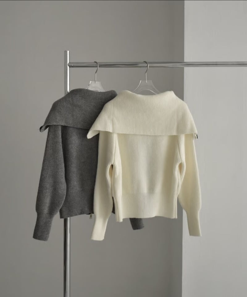 knit-02235 ダブルジップ ビッグカラーニット エクリュ グレー