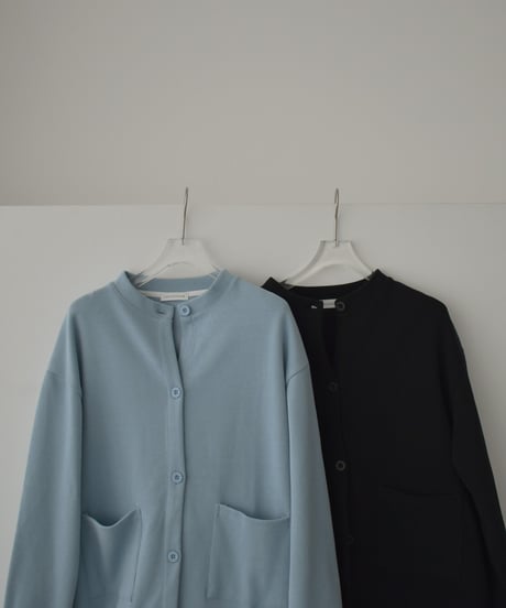 tops-02585　フロントポケット クルーネック カーディガン　ブルー　ブラック