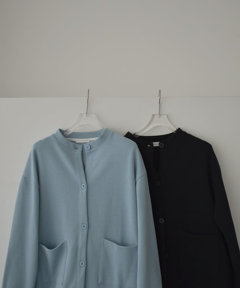 tops-02585 フロントポケット クルーネック カーディガン ブルー