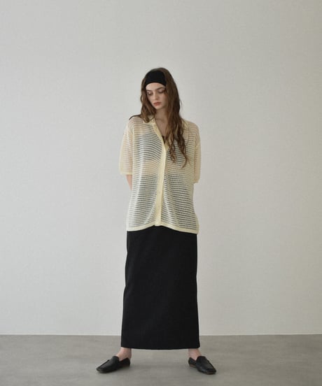 knit-02332　オーバーサイズ メッシュ ポロニット　アイボリー　ブラック