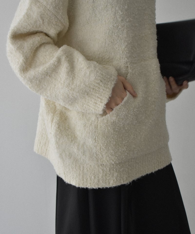 knit-02350 ブークレ フードニットプルオーバー エクリュ グレー | L