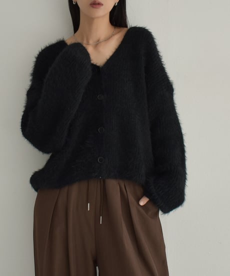 knit-02289　シャギー ニット カーディガン　グレー　ブラック