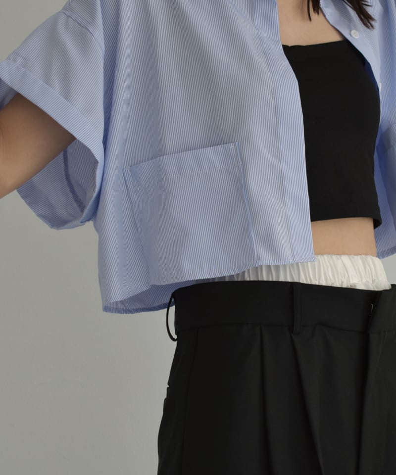 tops-02482 フロントポケット クロップドシャツ ブルー ブラック | L