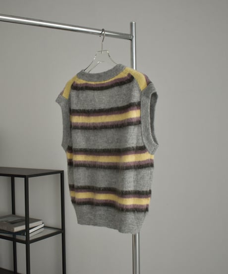 knit-02247　モヘア混 マルチボーダー Vネック ニットベスト