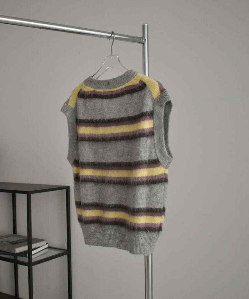 knit-02247 モヘア混 マルチボーダー Vネック ニットベスト | L