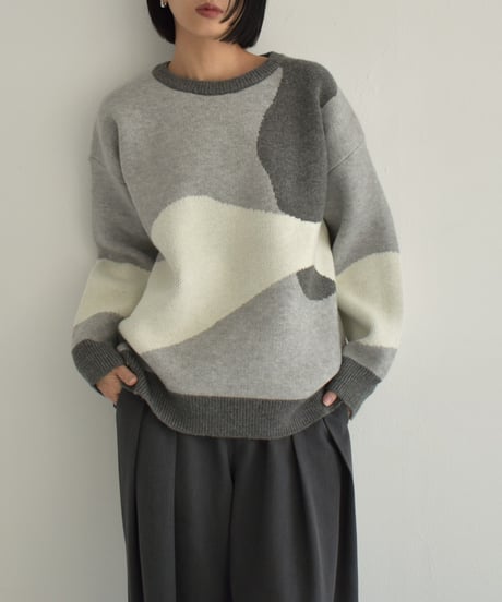 knit-02315　ニュアンス柄 配色 クルーネック ニット　グレー　ブルー