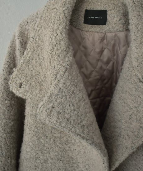coat-02052　ウール混 ハイネック ブークレ ショート コート　ライトグレージュ　モカ