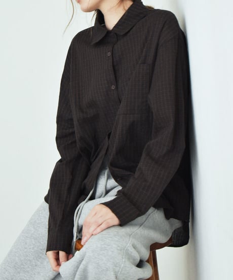 tops-02630　チェック オーバー シャツ　ベージュ　ブラウン