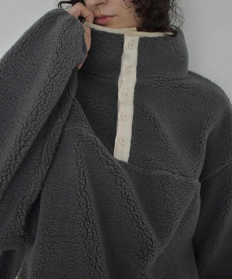 tops-02579 ハーフボタン ボアトップス ブルー グレー | L a v i s h