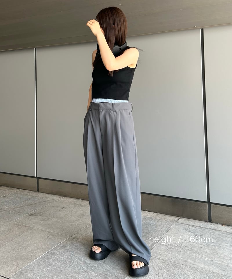 bottoms-12014 ダブルウエストタックパンツ グレー | L bottoms-12014 ダブルウエストタックパンツ グレー | L