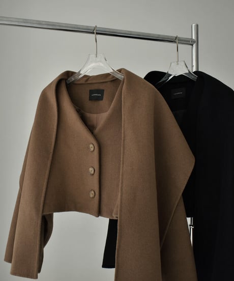 coat-13008　ストール付き　ウール ショートコート　モカ　ブラック