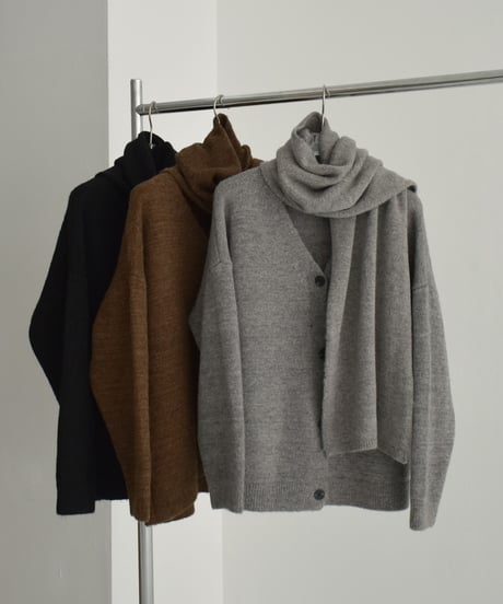 knit-02293　マフラー付き　ニットカーディガン　ブラウン　グレー　ブラック