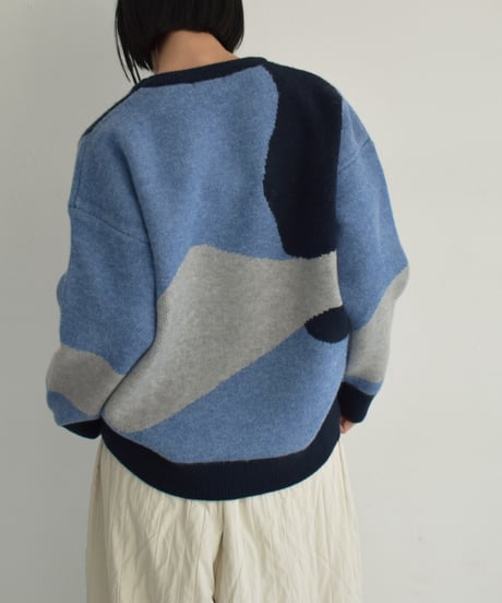 knit-02315　ニュアンス柄 配色 クルーネック ニット　グレー　ブルー