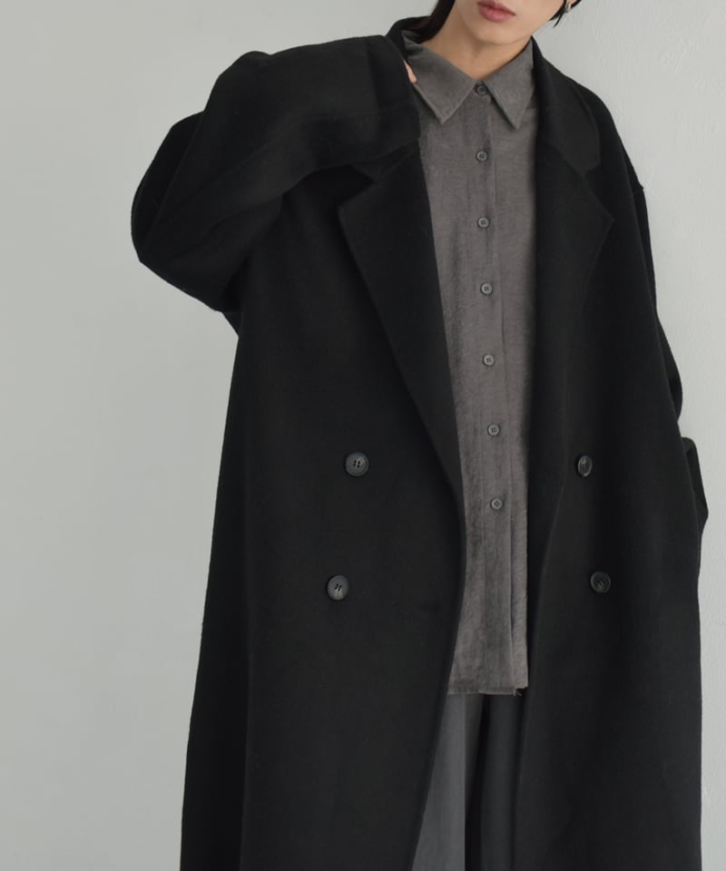 coat-02054 シャギー ウールコート リバー仕立て グレー ブラック | L