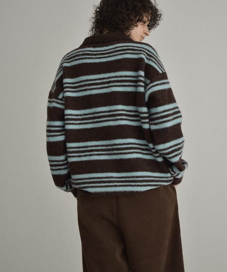 knit-02368　ポロカラー ボーダー ニット　グレー　ブラウン