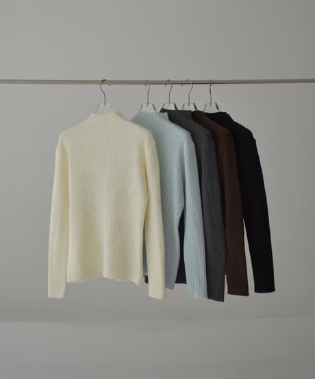 knit-02358　リブ ハイネック ニット トップス　オフホワイト　アイスブルー　グレー　ブラウン　ブラック