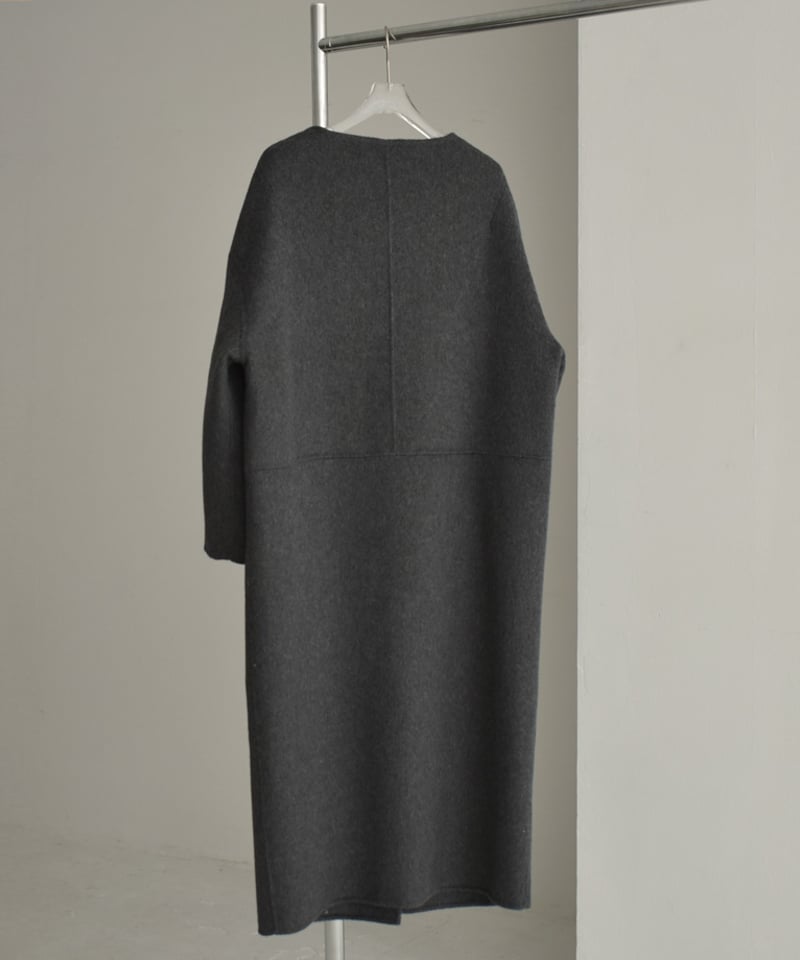 coat-02044 ノーカラー ウール コート リバー仕立て ダークグレー | L