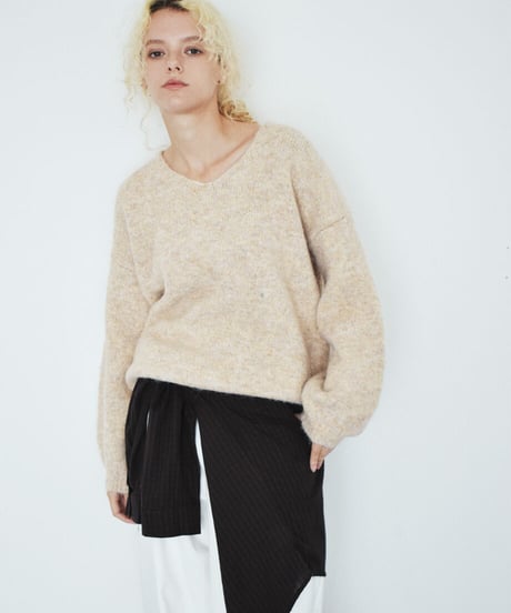 knit-02396　Vネック ボリューム ニット プルオーバー　ピンク　ベージュ　ブラウン　グレー