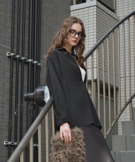 tops-12012　スキッパーシャツ 《セットアップ可能》　モカベージュ　ブラック