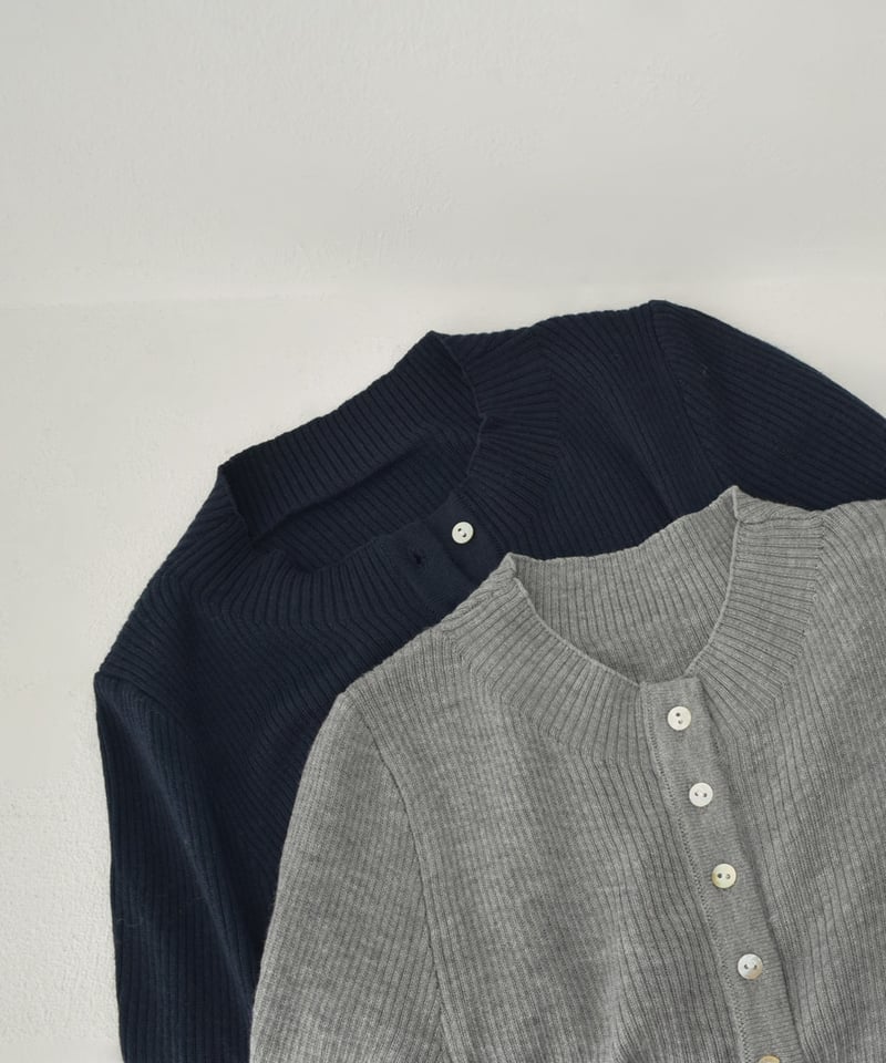 knit-02347 シェルボタン リブ ニット カーディガン グレー ネイビー