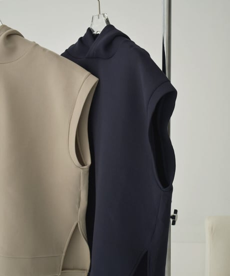 tops-02443　ダンボールニット フーディーベスト　グレージュ　ネイビー