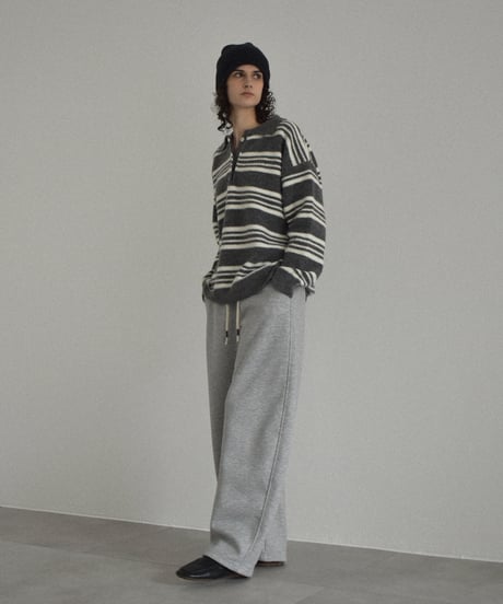 knit-02368　ポロカラー ボーダー ニット　グレー　ブラウン