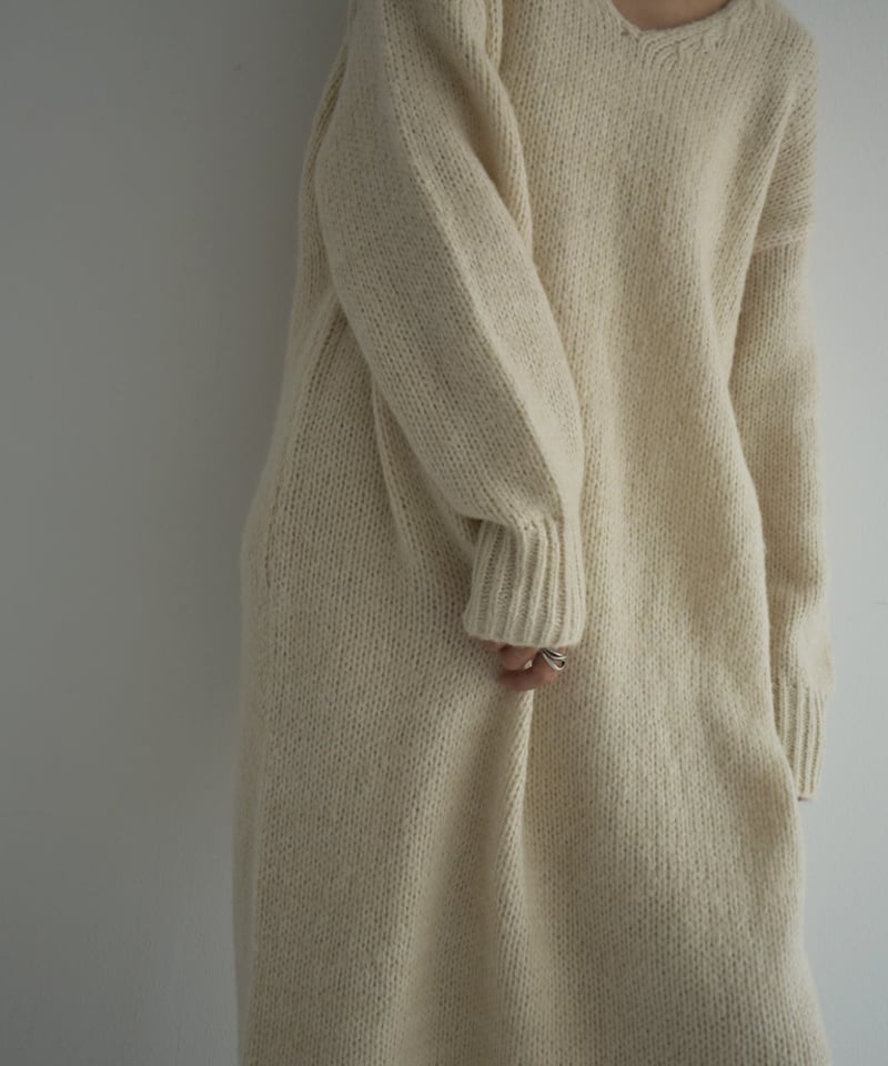 onepiece-02080 ウール混 Vネック ローゲージ ニット ワンピース