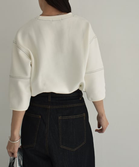 tops-02474　ステッチデザイン ダンボール プルオーバー　ホワイト　ブラック