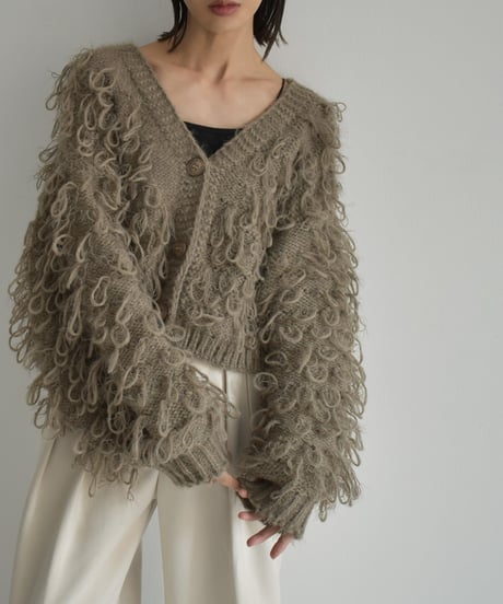 knit-02259　 ループボリュームショートカーディガン　モカ　ブラック