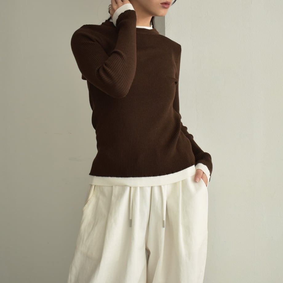 knit-02296 レイヤードライク バイカラーニット トップス ブラウン