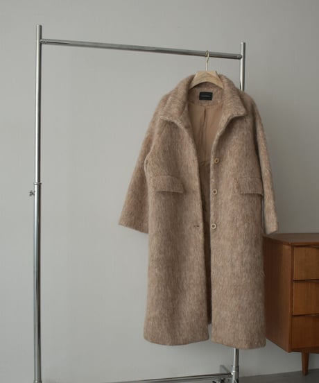 coat-02037　スタンドカラー ウールシャギーロングコート　ベージュミックス