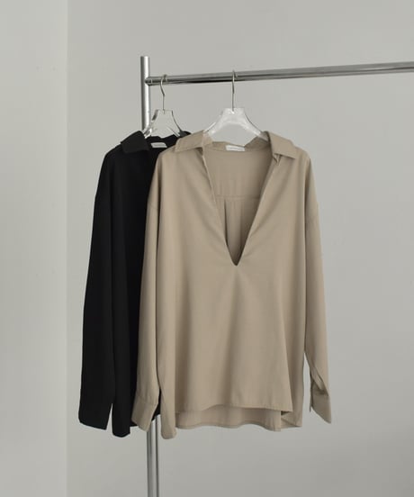 tops-12012　スキッパーシャツ 《セットアップ可能》　モカベージュ　ブラック