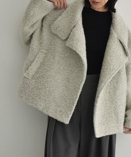 coat-02052　ウール混 ハイネック ブークレ ショート コート　ライトグレージュ　モカ