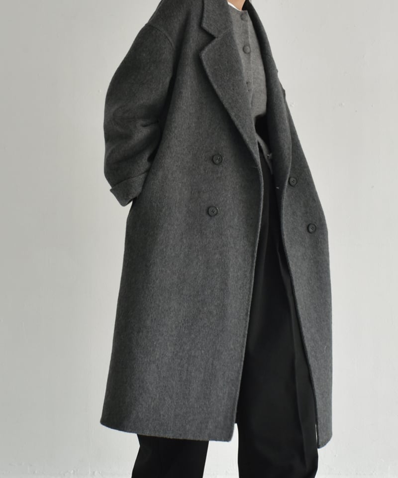 coat-02054 シャギー ウールコート リバー仕立て グレー ブラック | L