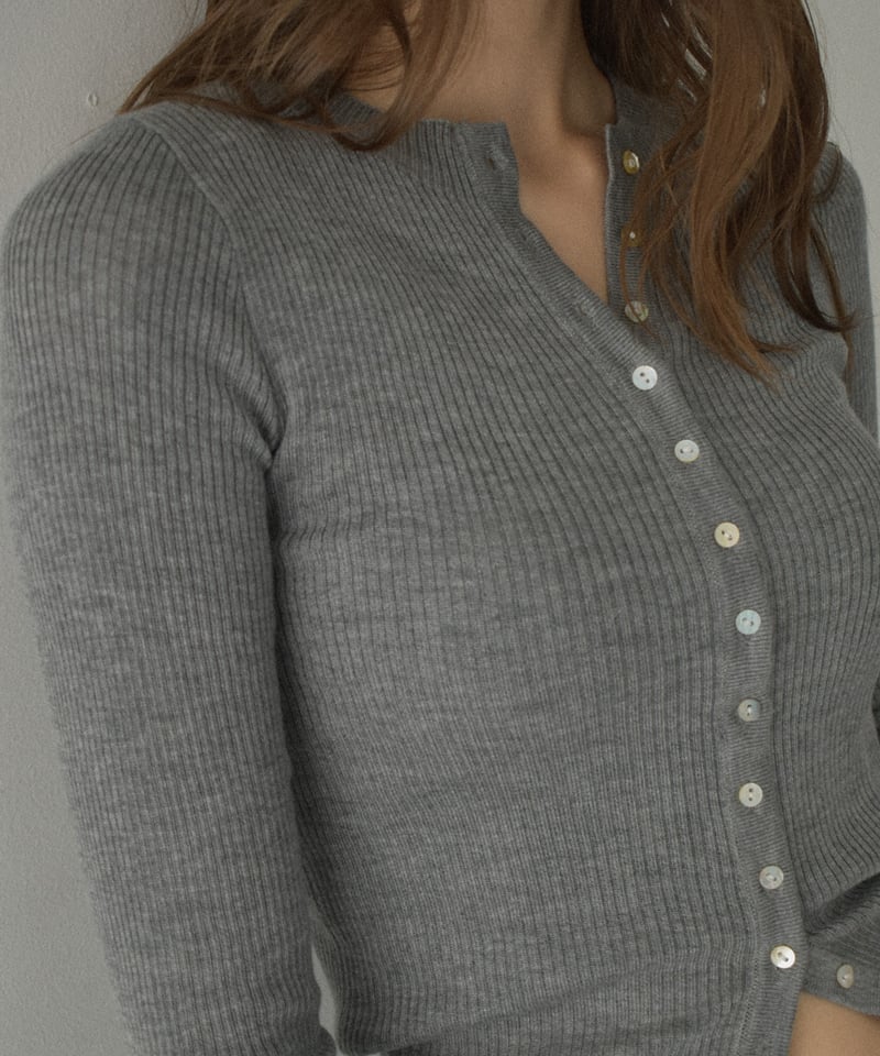 knit-02347 シェルボタン リブ ニット カーディガン グレー ネイビー