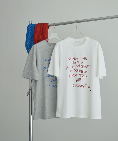 tops-02606　ラップニット付 メッセージTシャツ　ホワイト　グレー