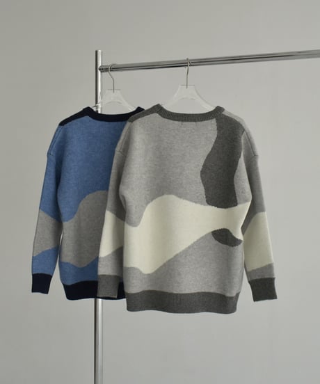 knit-02315　ニュアンス柄 配色 クルーネック ニット　グレー　ブルー