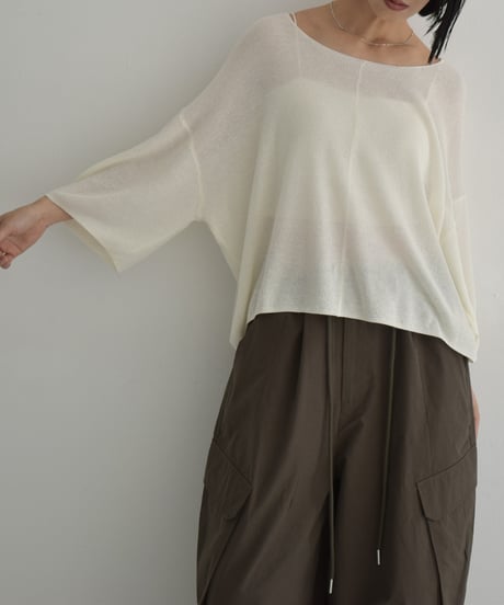 knit-02326　リネン混ハーフスリーブ メッシュニット　オフホワイト　エクリュ　グレー　ブラック