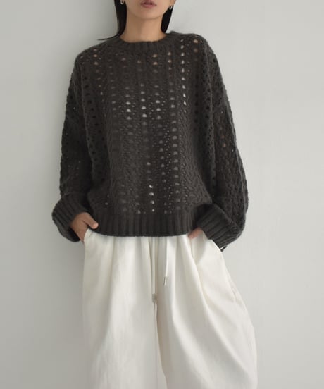 knit-02284　透かし編み モヘア ニット プルオーバー　エクリュ　チャコール