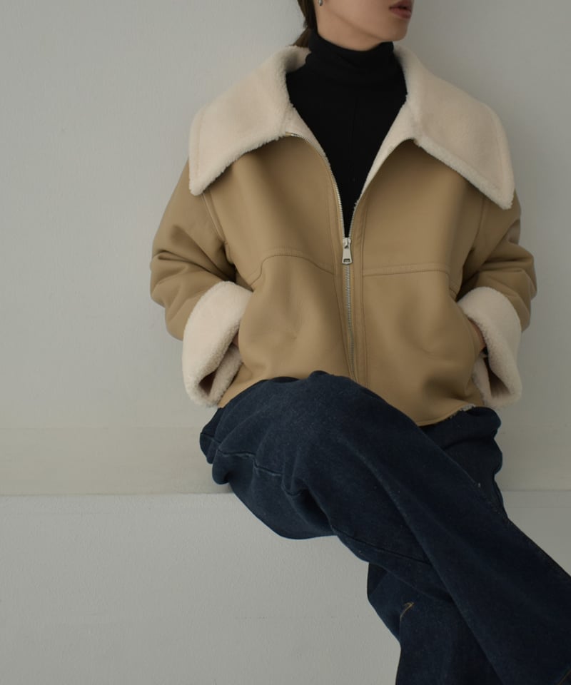 outer-02075 ビックカラー フェイクムートン ジャケット グレージュ  