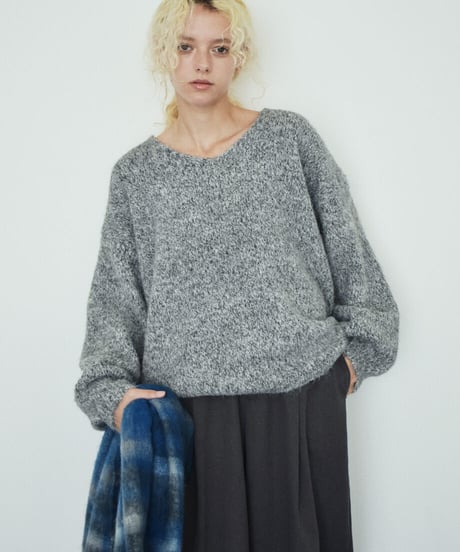 knit-02396　Vネック ボリューム ニット プルオーバー　ピンク　ベージュ　ブラウン　グレー