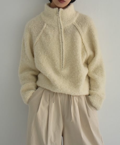 knit-02314　ブークレ ハーフジップ ニット　オフホワイト　ベージュ　ブラウン