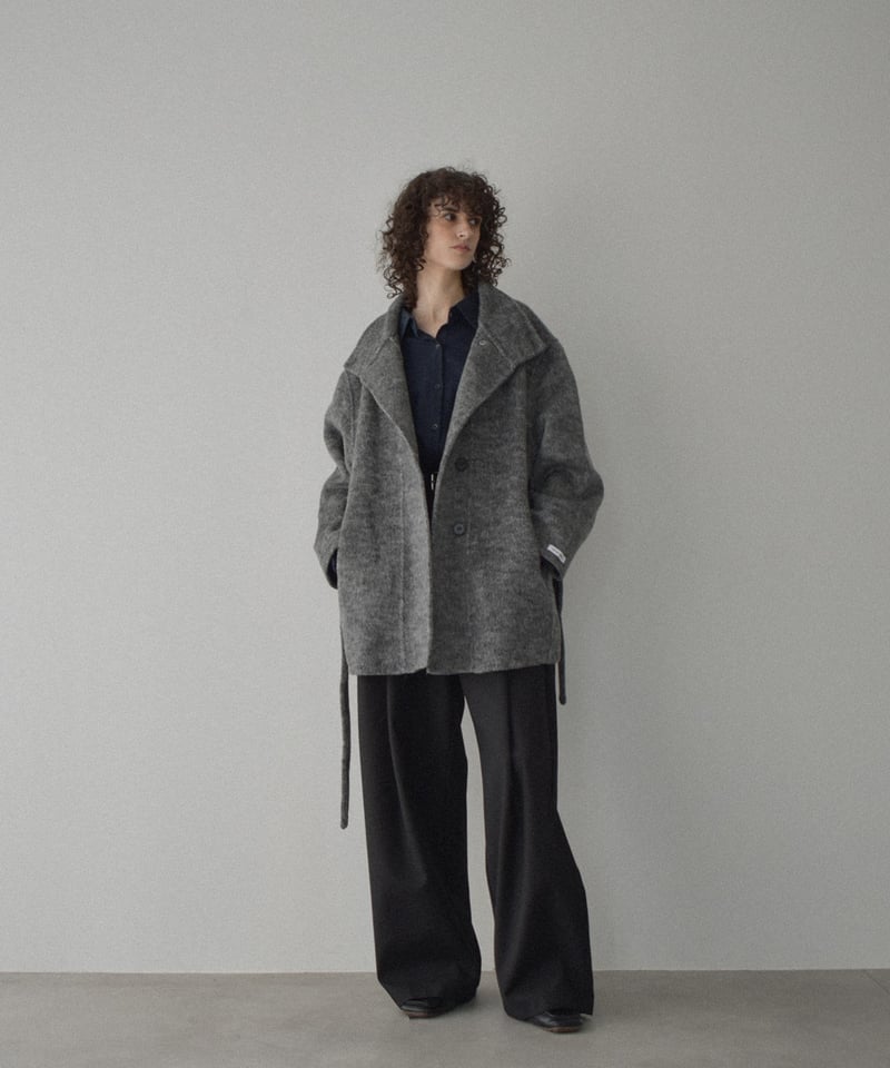 coat-02059 スタンドカラー ウール コート リバー仕立て グレー