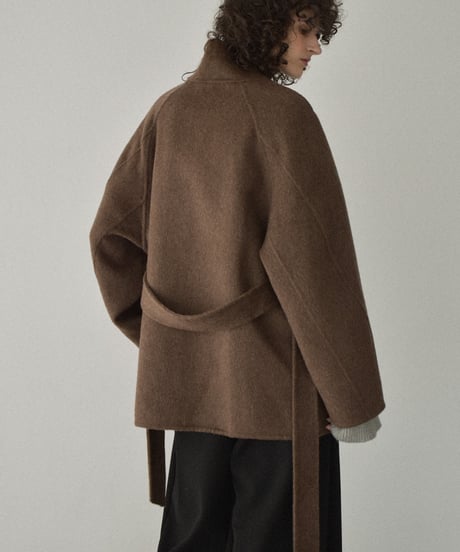 coat-02062　ラグランスリーブ スタンドカラー ウール ミディ コート リバー仕立て　エクリュ　ブラウン