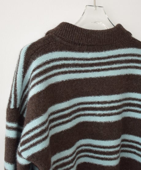 knit-02368　ポロカラー ボーダー ニット　グレー　ブラウン